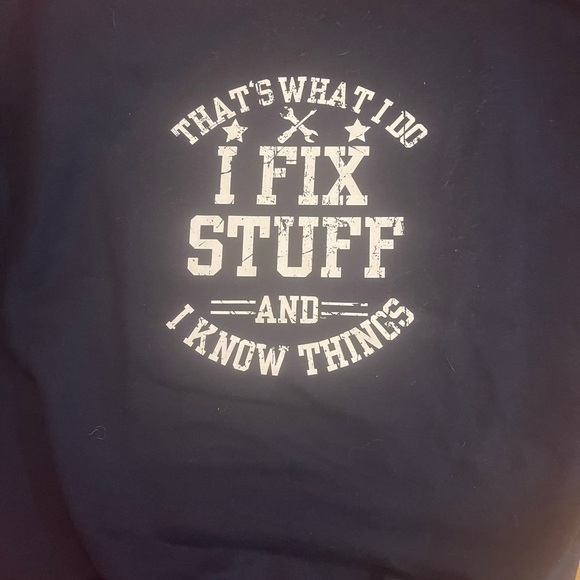 NWOT Navy Graphic Sweatshirt- I Fix Stuff and I Know Things Unisex L - Picture 1 of 4